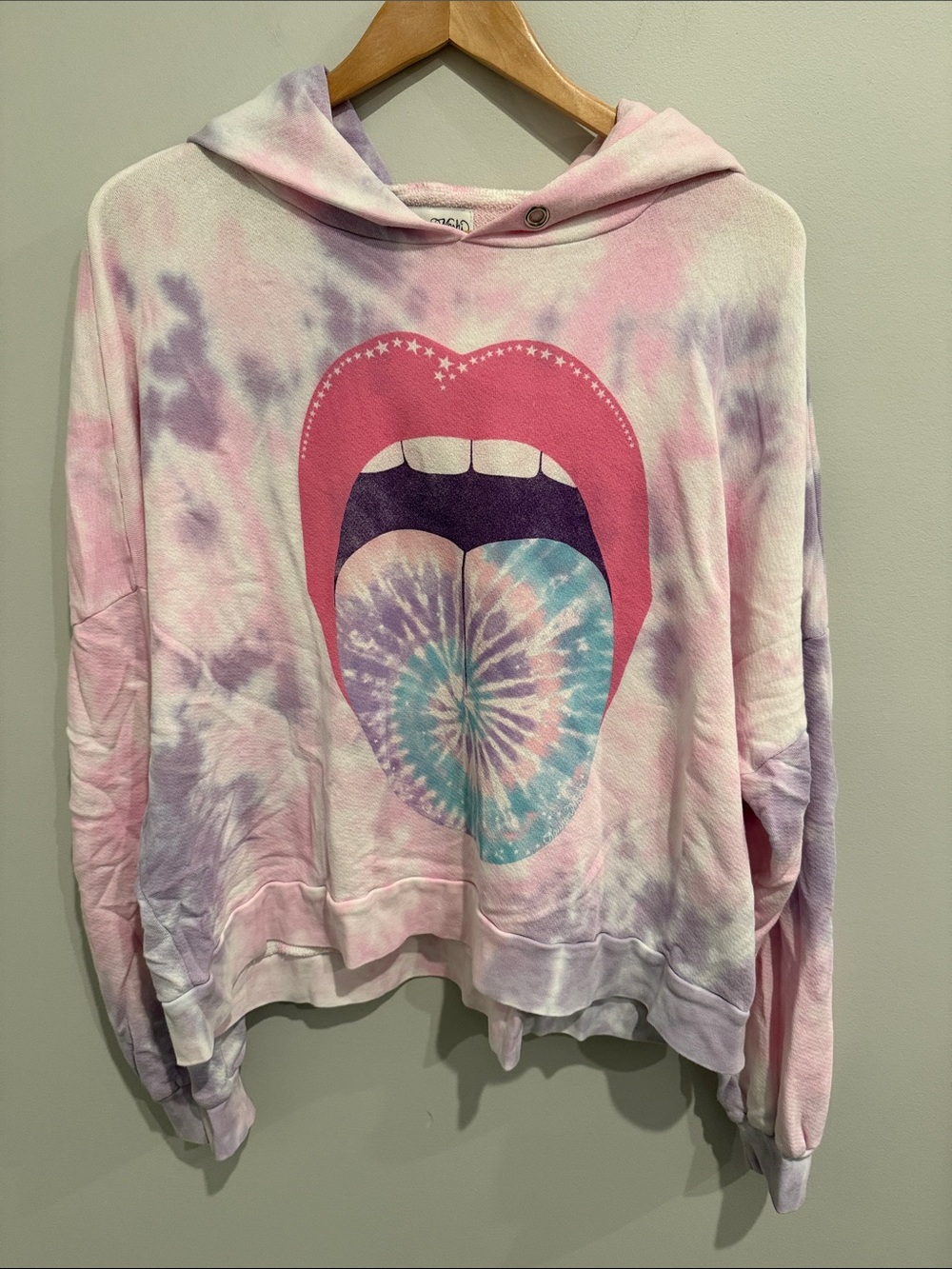 Lauren Moshi Tie-Dye Pink Graphic Hoodie Sweater with Heart Tongue Print